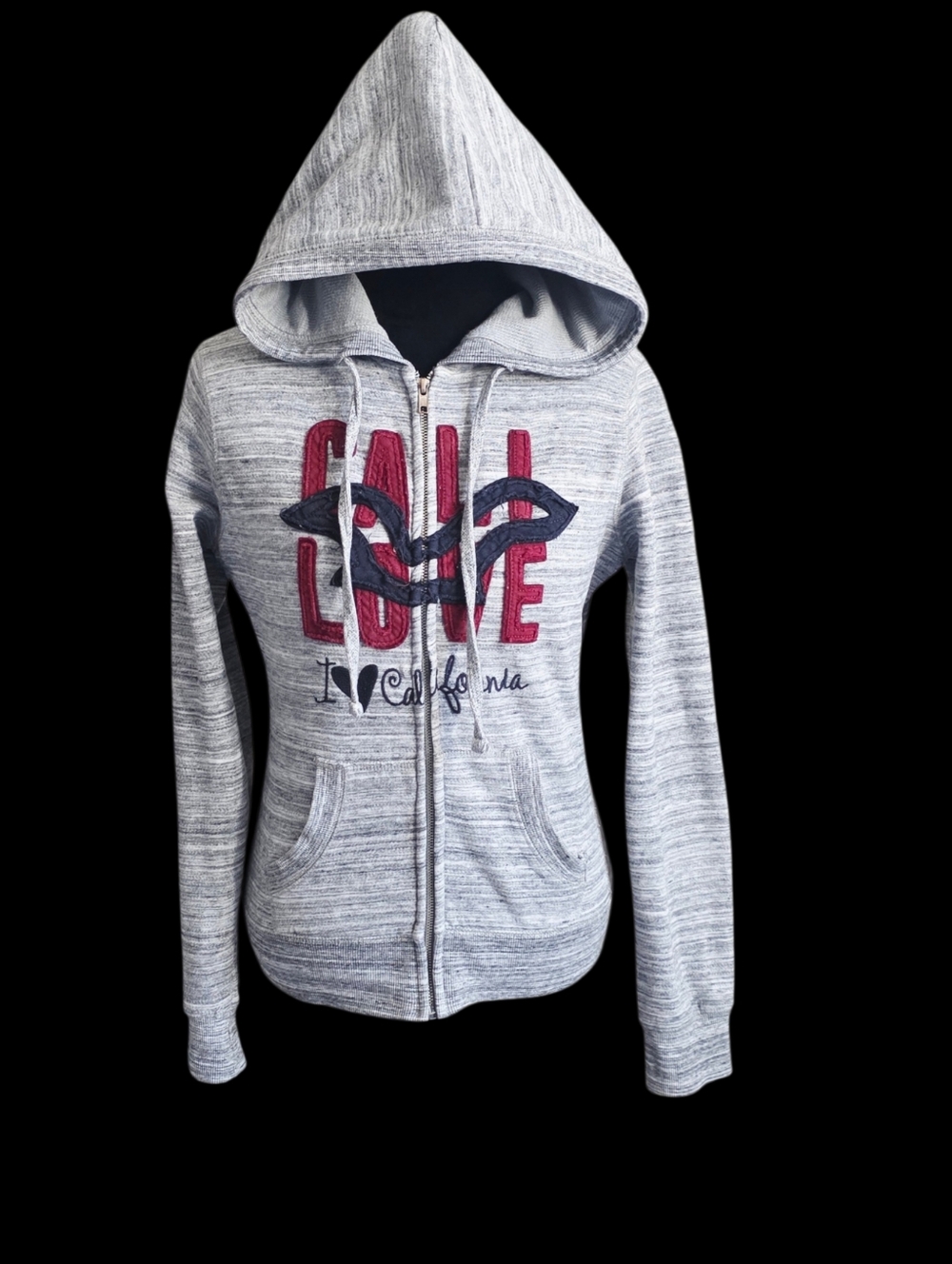 Gray Zip-Up Hoodie with Red 'Love' Graphic